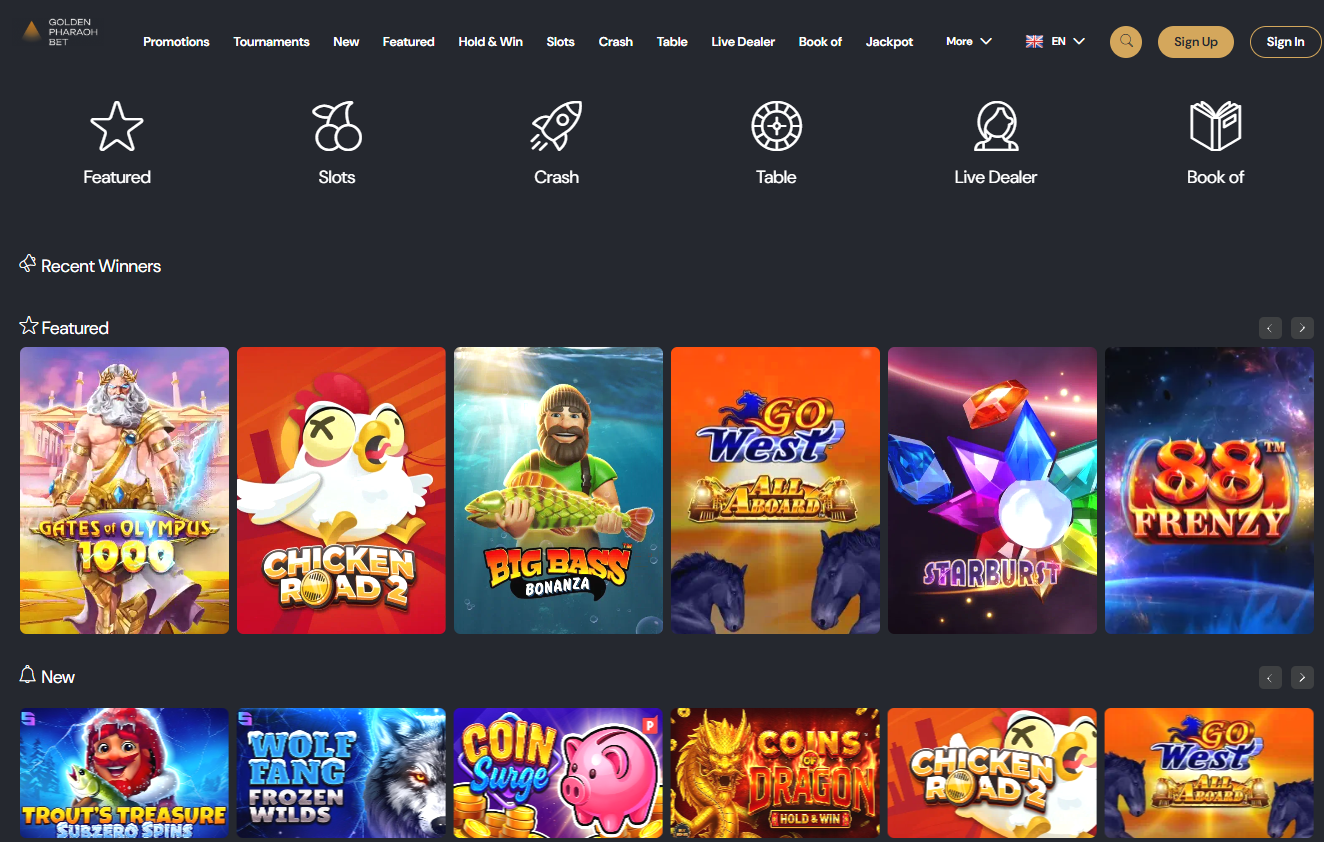 Golden Pharaoh Casino website layout showing game lobby and navigation